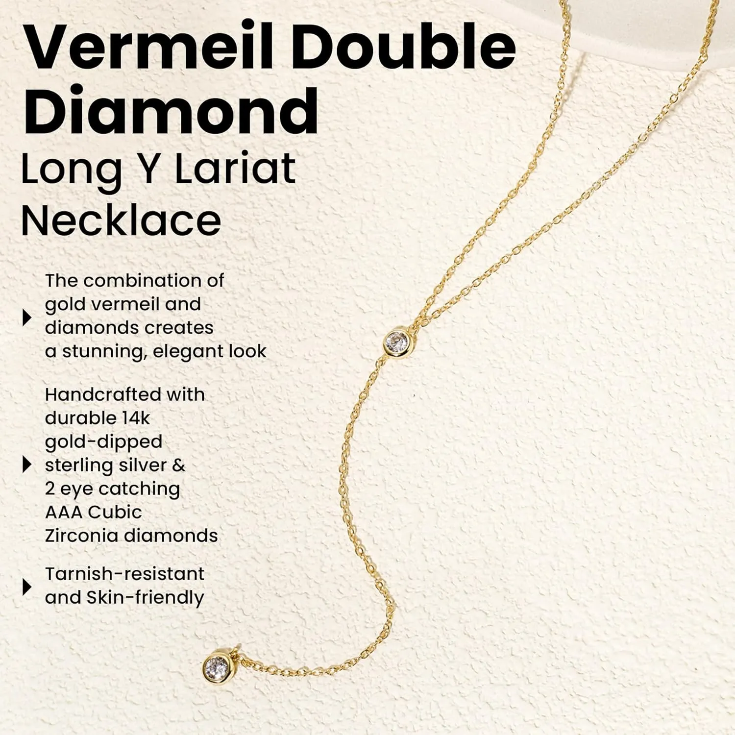 Faire de la Mode 14k Gold Plated Sterling Silver Lariat Necklace with 2 Cubic Zirconia in a 3.25" Dainty Drop Pendant, 16" - 19" Gold Plated Sterling Silver Long Necklace for Women