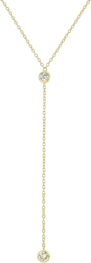 Faire de la Mode 14k Gold Plated Sterling Silver Lariat Necklace with 2 Cubic Zirconia in a 3.25" Dainty Drop Pendant, 16" - 19" Gold Plated Sterling Silver Long Necklace for Women