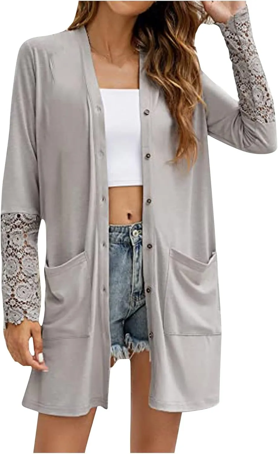 Fall Jackets for Women 2024 Casual Lace Long Sleeve Tops Mid-Length Button Cardigan Coats Outerwear with Pockets