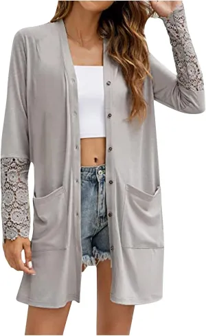 Fall Jackets for Women 2024 Casual Lace Long Sleeve Tops Mid-Length Button Cardigan Coats Outerwear with Pockets