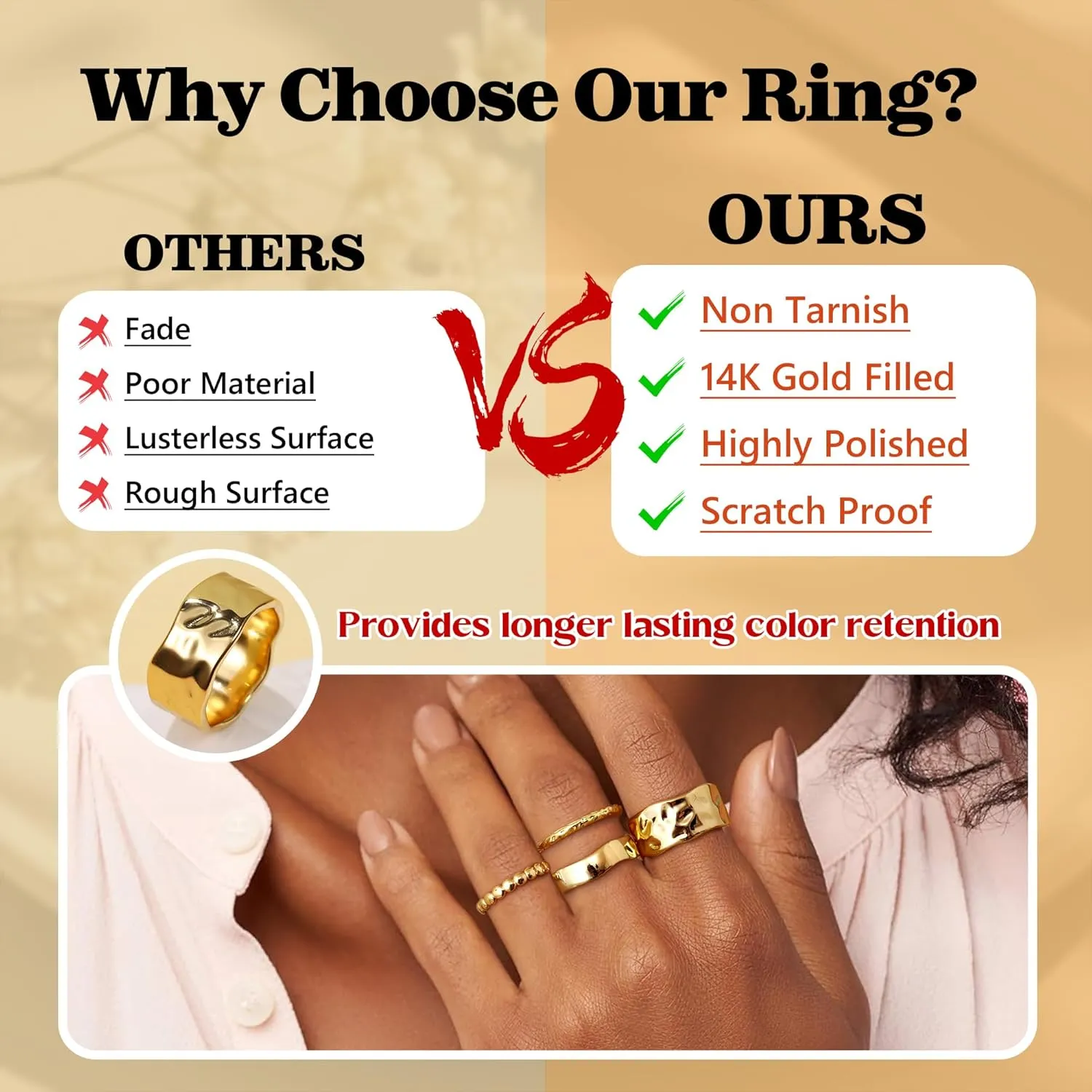 Fansilver Stackable Chunky Gold Rings for Women Non Tarnish Dainty 14K Gold Plated Stacking Thumb Rings Set Trendy Gold Wedding Band Ring Size 5-11