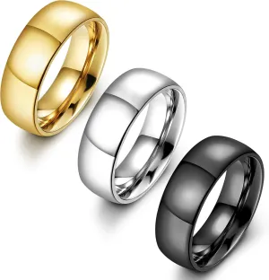 FIASASO 3Pcs Stainless Steel Rings for Men 6MM Wedding Bands for Women Mens Gold Silver Black Ring Set Domed High Polish Comfort Fit 6-12