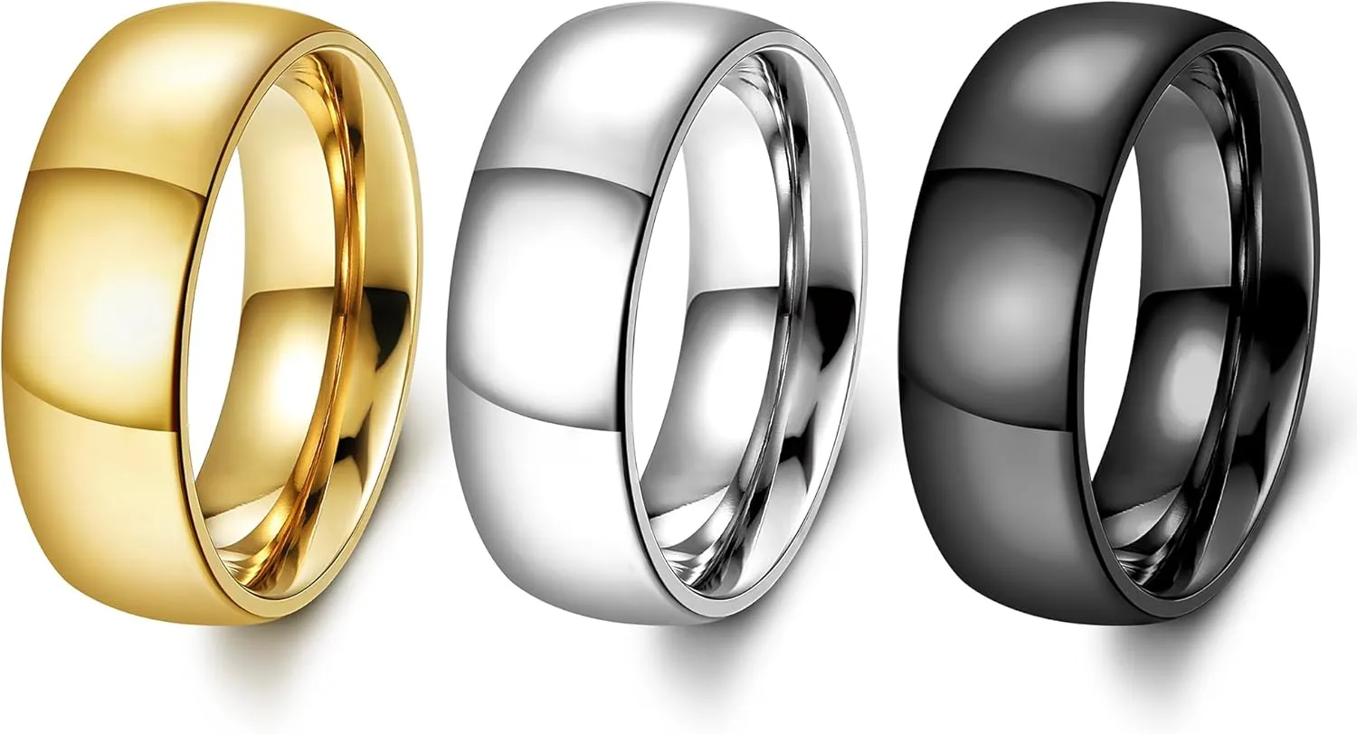 FIASASO 3Pcs Stainless Steel Rings for Men 6MM Wedding Bands for Women Mens Gold Silver Black Ring Set Domed High Polish Comfort Fit 6-12