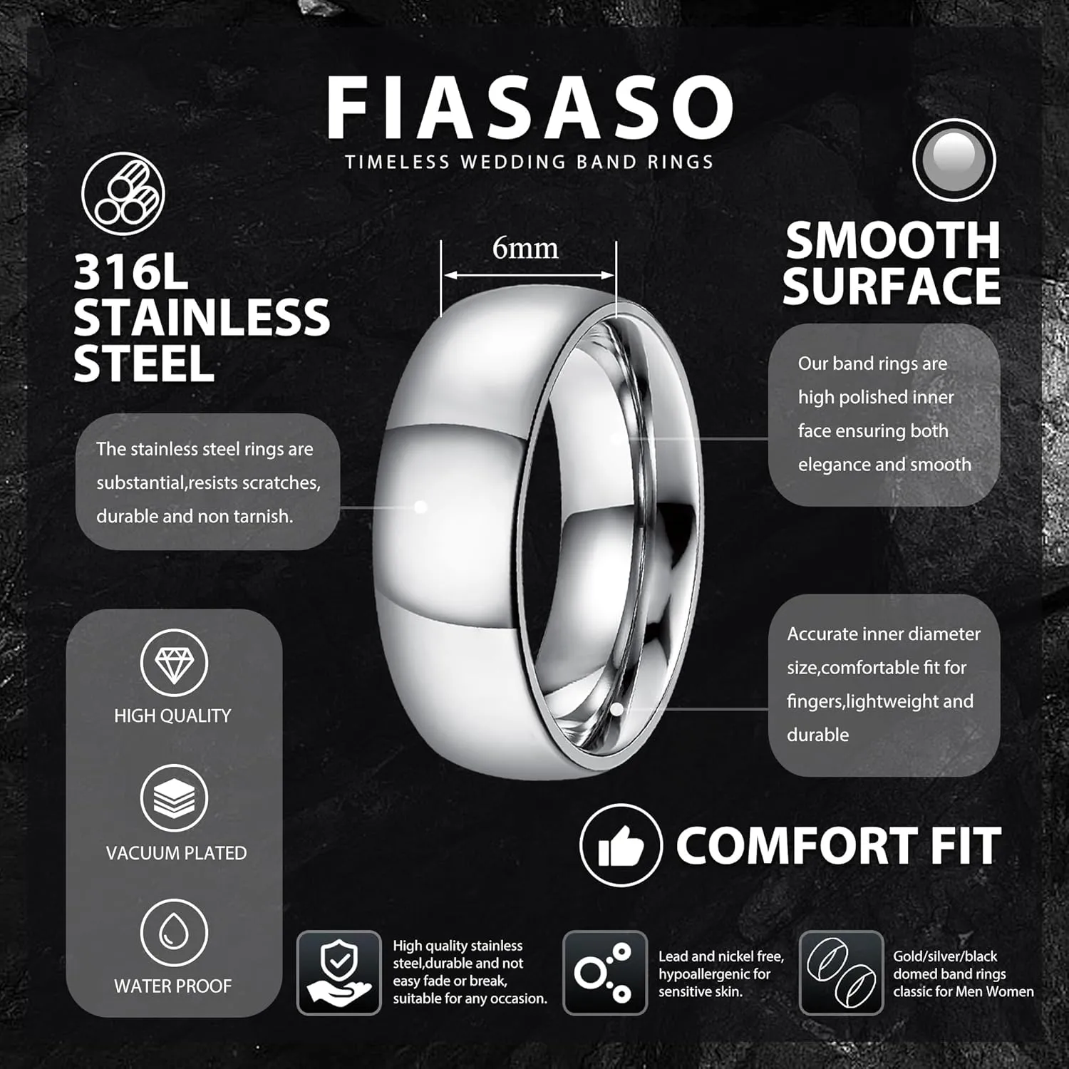 FIASASO 3Pcs Stainless Steel Rings for Men 6MM Wedding Bands for Women Mens Gold Silver Black Ring Set Domed High Polish Comfort Fit 6-12