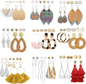 FIFATA 47 Pairs Trendy Boho Teardrop Geometric Acrylic Rattan Statement Dangle Drop Earrings for Christmas