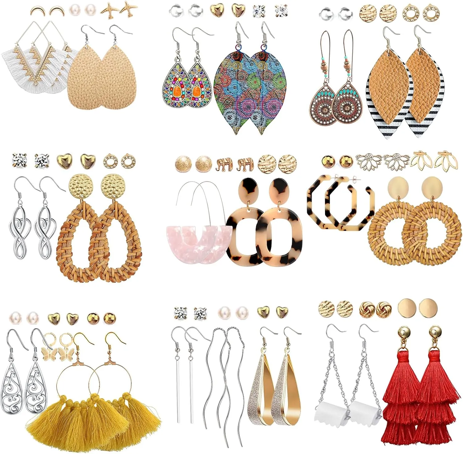 FIFATA 47 Pairs Trendy Boho Teardrop Geometric Acrylic Rattan Statement Dangle Drop Earrings for Christmas