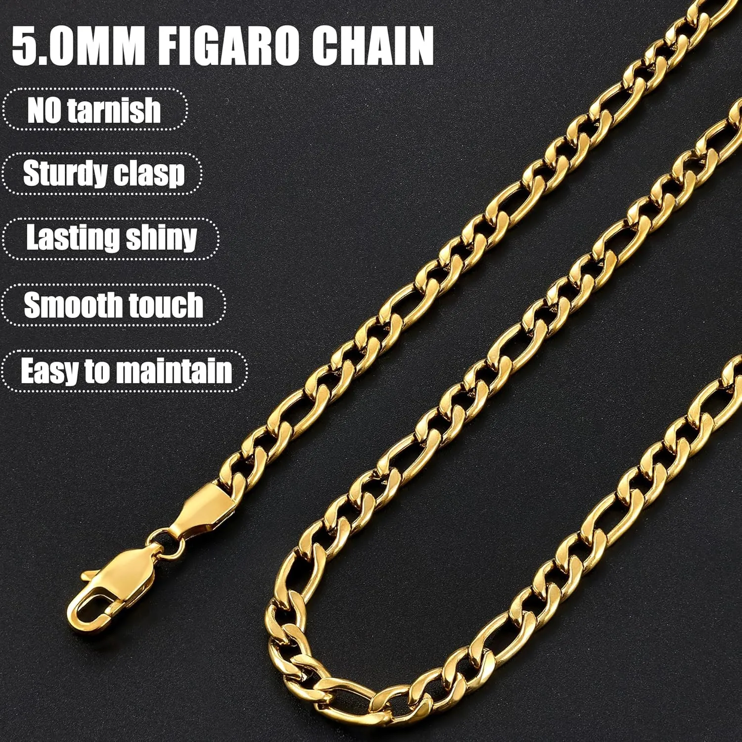 Fiusem Figaro Chains for Men,14k Gold plated Mens Chain Necklaces, 3.5mm/5mm Stainless Steel Men Necklaces