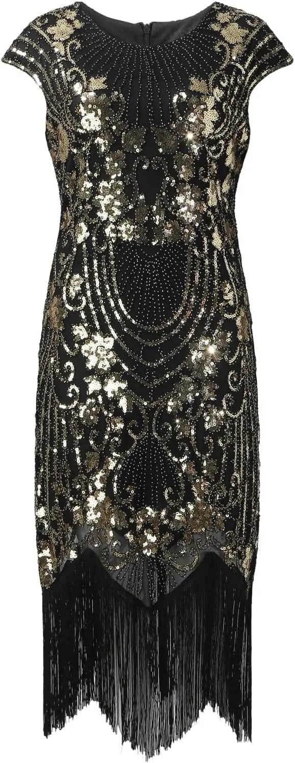 Flapper Dresses 1920s Gatsby Plus Size Cap Sleeve Sparkly Fringe Dress Art Deco Roaring 20s Cocktail Costumes