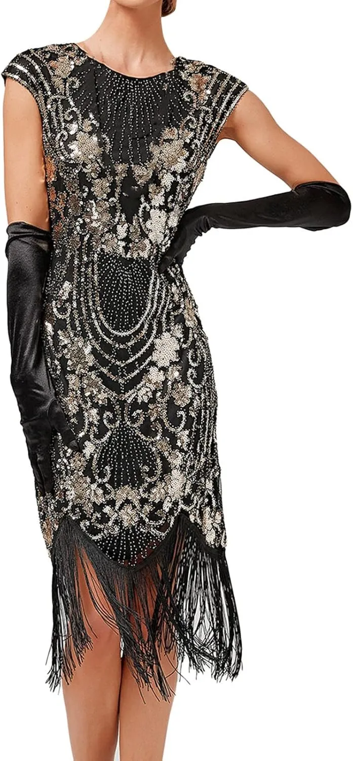 Flapper Dresses 1920s Gatsby Plus Size Cap Sleeve Sparkly Fringe Dress Art Deco Roaring 20s Cocktail Costumes