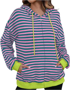 Fleece Jacket Women Color Block Striped Winter Coats Long Sleeve Zip up Jackets Casual Hooded Coat Pockets Outdoor
