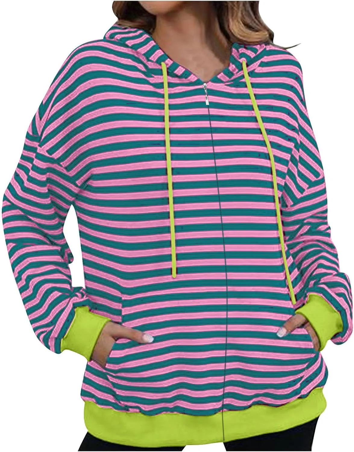 Fleece Jacket Women Color Block Striped Winter Coats Long Sleeve Zip up Jackets Casual Hooded Coat Pockets Outdoor