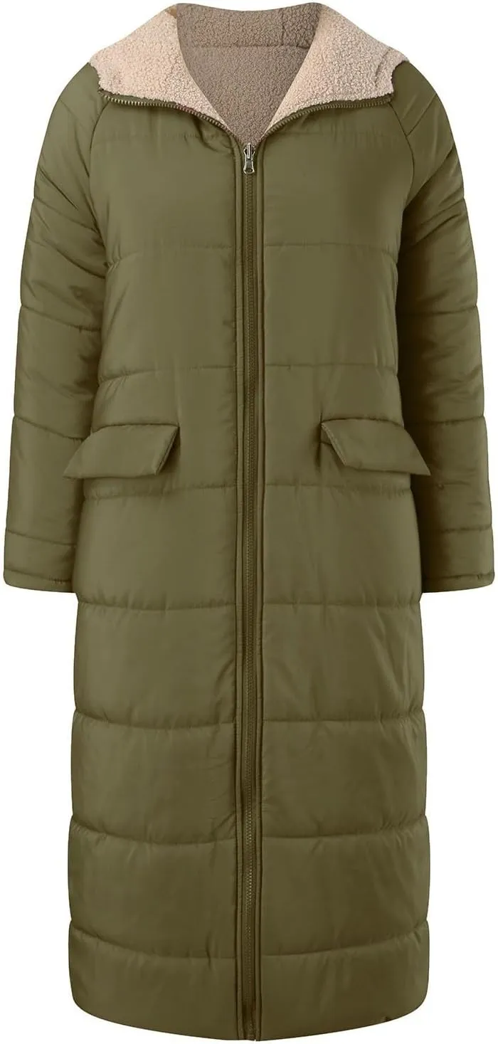 Fleece Jackets for Women Casual Zip Up Solid Color Reversible Teddy Long Coat Womens Padded Heavyweight Soft Jacket