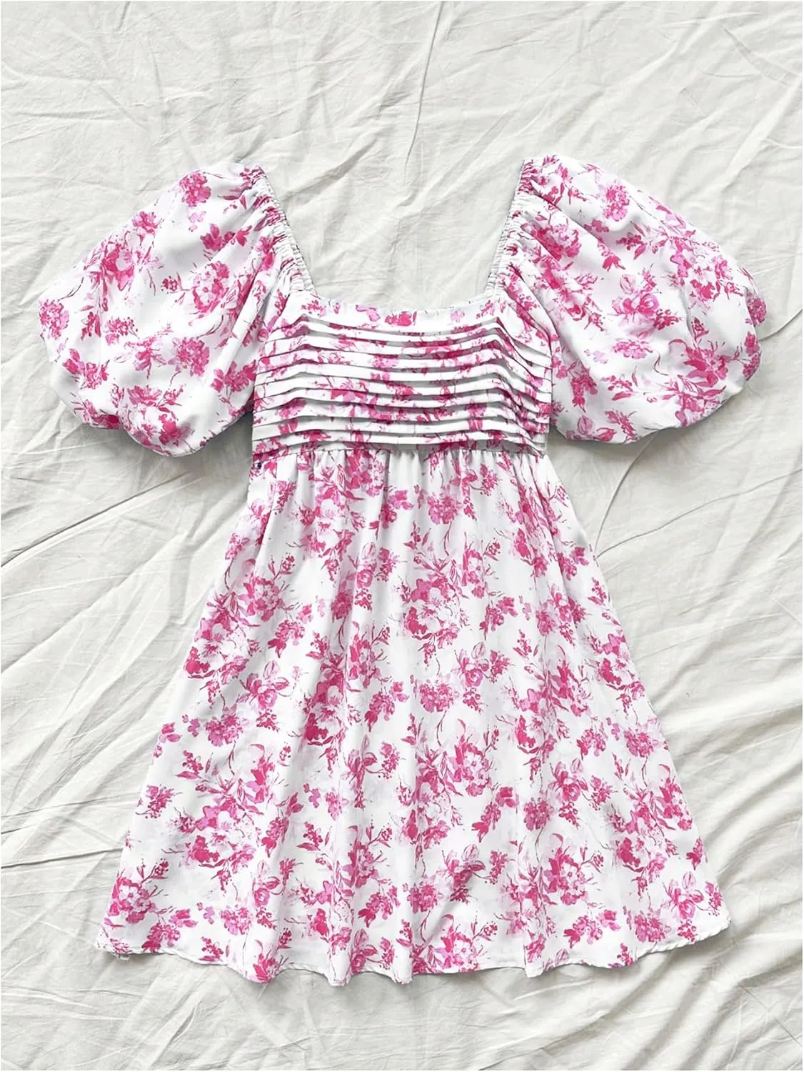 Floerns Women's Floral Print Bubble Sleeve Dress Square Neck Holiday A Line Mini Dresses