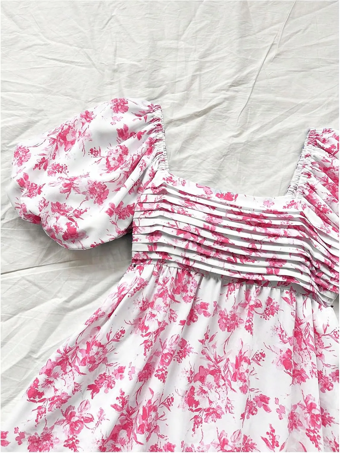 Floerns Women's Floral Print Bubble Sleeve Dress Square Neck Holiday A Line Mini Dresses