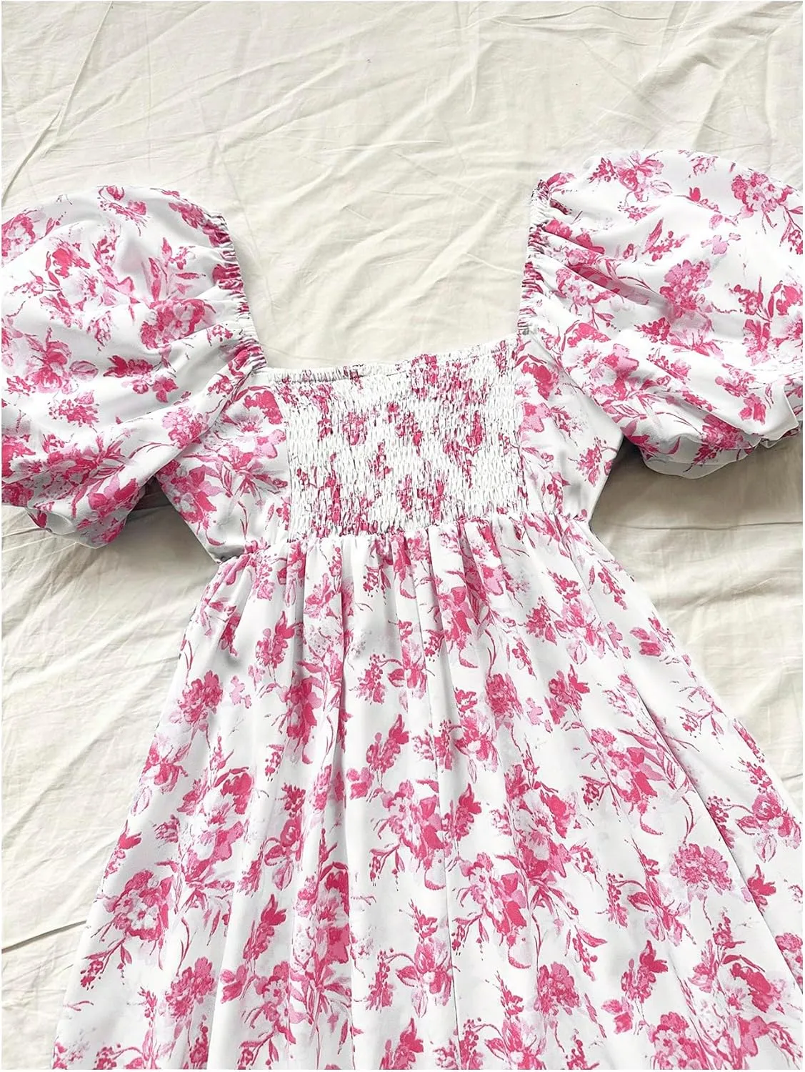 Floerns Women's Floral Print Bubble Sleeve Dress Square Neck Holiday A Line Mini Dresses