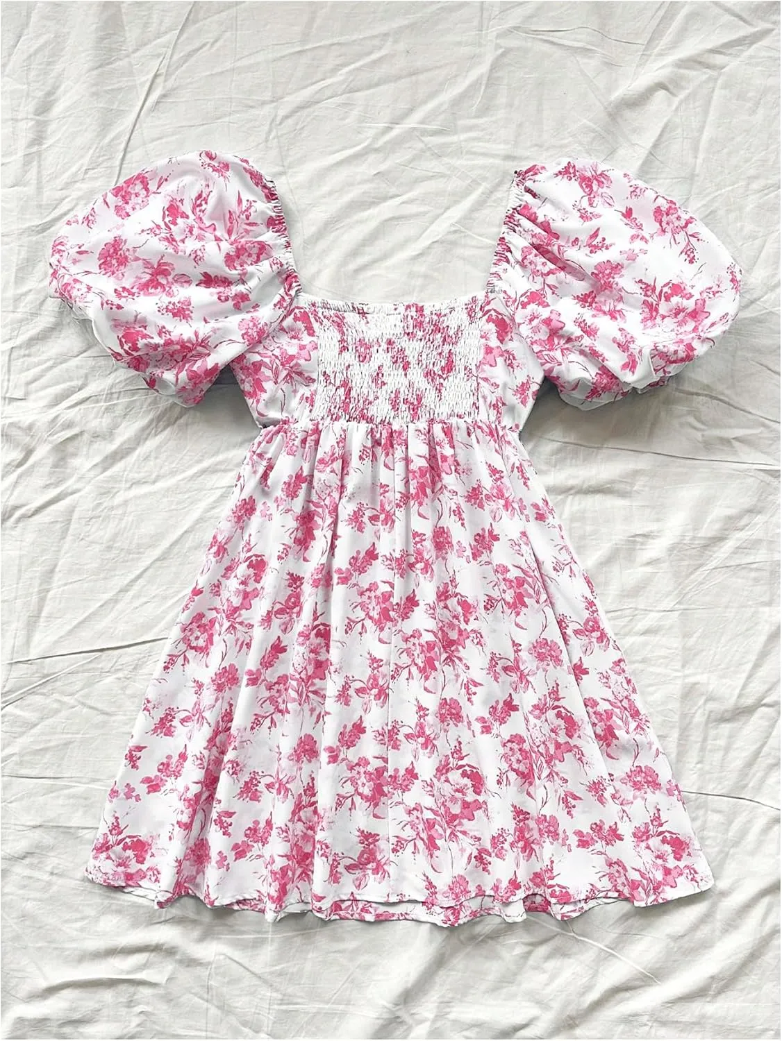 Floerns Women's Floral Print Bubble Sleeve Dress Square Neck Holiday A Line Mini Dresses
