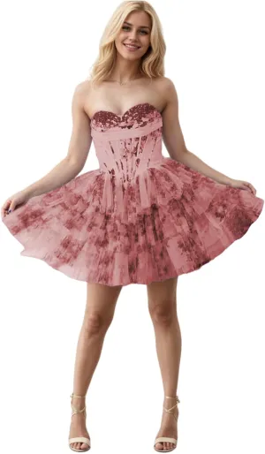 Floral Print Homecoming Dresses for Teens 2025 Strapless Corset Tiered HOCO Dress with Flower