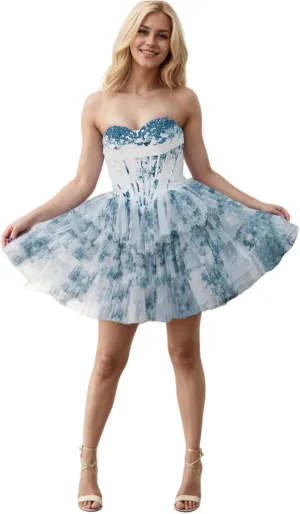 Floral Print Homecoming Dresses for Teens 2025 Strapless Corset Tiered HOCO Dress with Flower