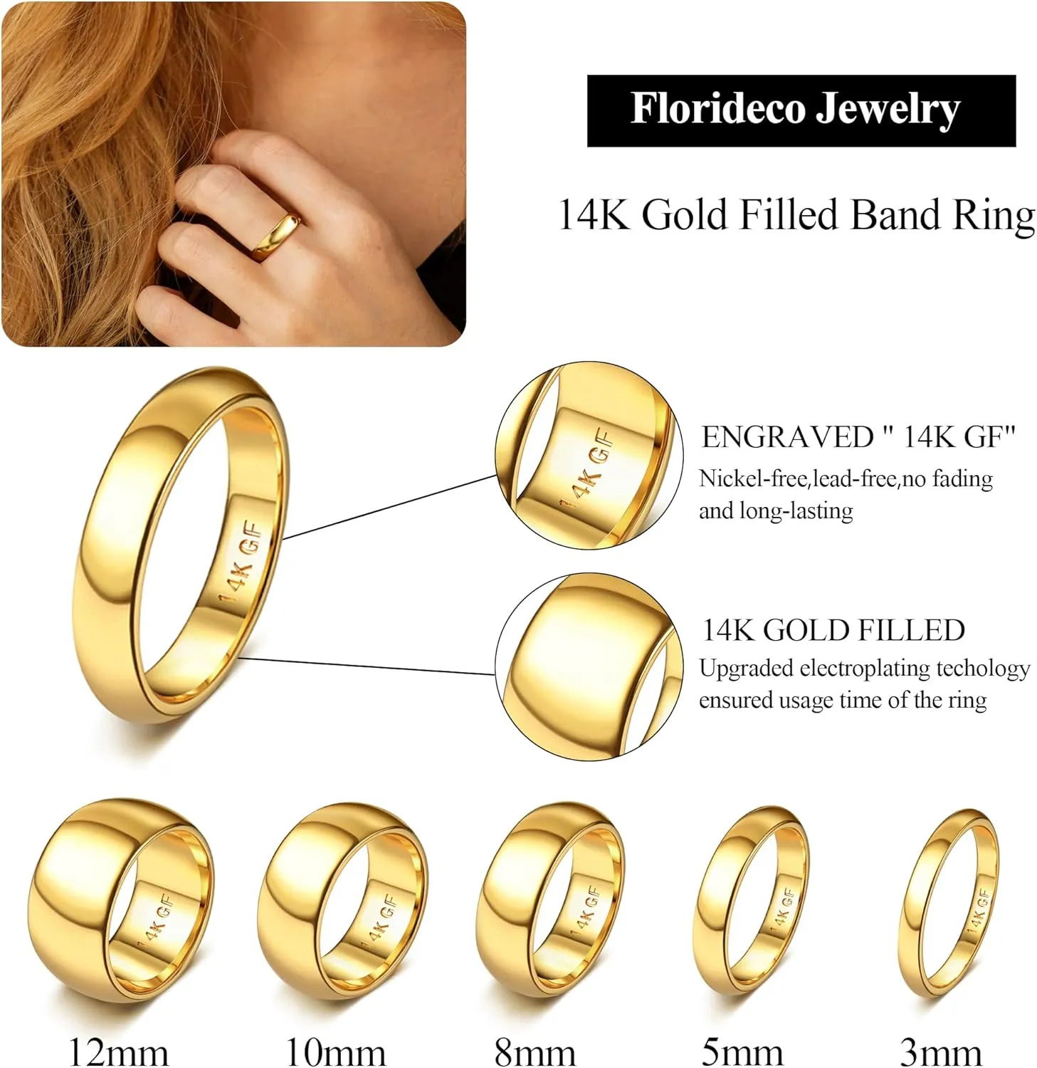 Florideco 14K Gold Filled Ring Gold Band for Women Men Thick Thin Pinky Thumb Ring Gold Wedding Band Ring Non Tarnish Plain Domed Comfort Fit Size 6 to 10