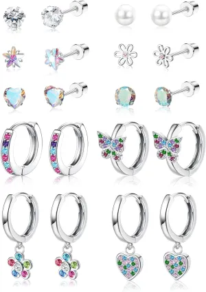Florideco Hypoallergenic Earrings for Girls Surgical Steel Screw Back Stud Earrings for Toddlers Small Hoops Huggie Earrings for Teens Cute Little Girls Earrings for Kids(over 4 years old)