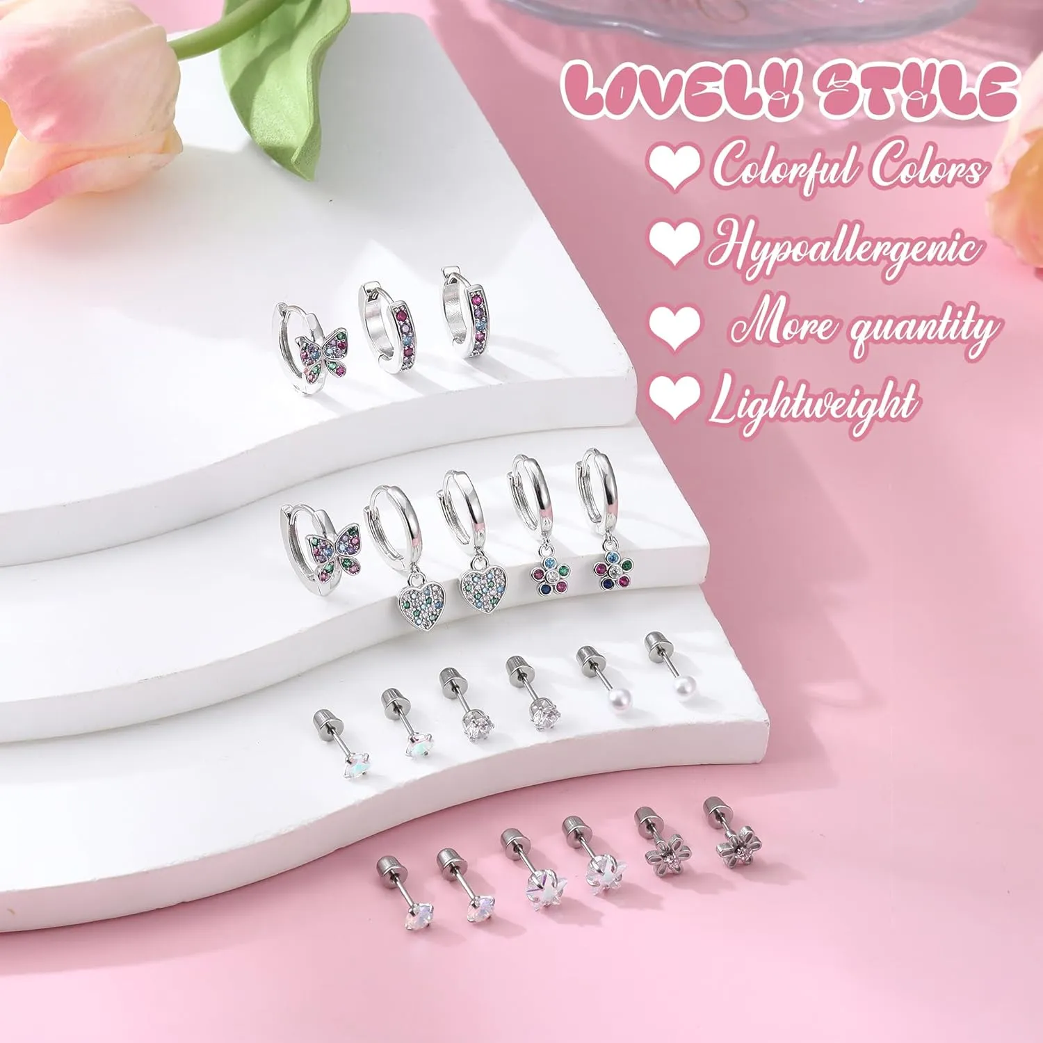 Florideco Hypoallergenic Earrings for Girls Surgical Steel Screw Back Stud Earrings for Toddlers Small Hoops Huggie Earrings for Teens Cute Little Girls Earrings for Kids(over 4 years old)