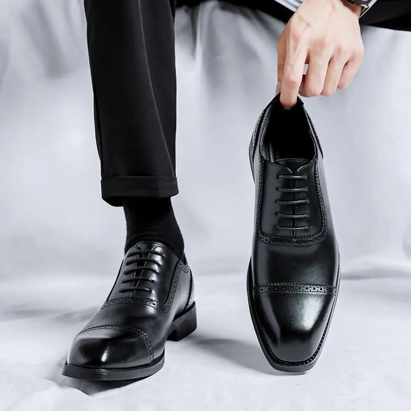 Formal Shoes for Men Lace Up Square Toe Vegan Leather Cap Toe Oxford Shoes Non Slip Rubber Sole Block Heel Low Top Anti-Slip Party
