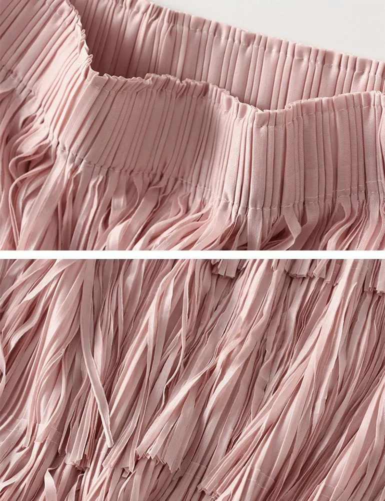Fringe Skirts for Women Trendy High Waisted Pleated Layered Fairy Ruffle Midi Skirt