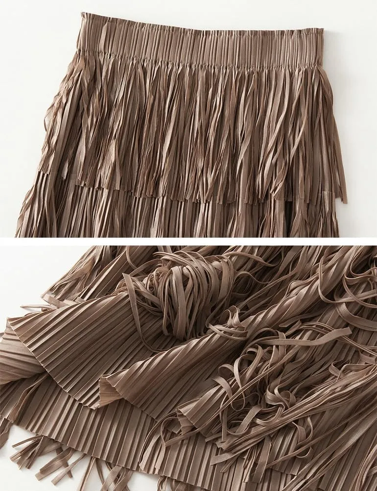 Fringe Skirts for Women Trendy High Waisted Pleated Layered Fairy Ruffle Midi Skirt