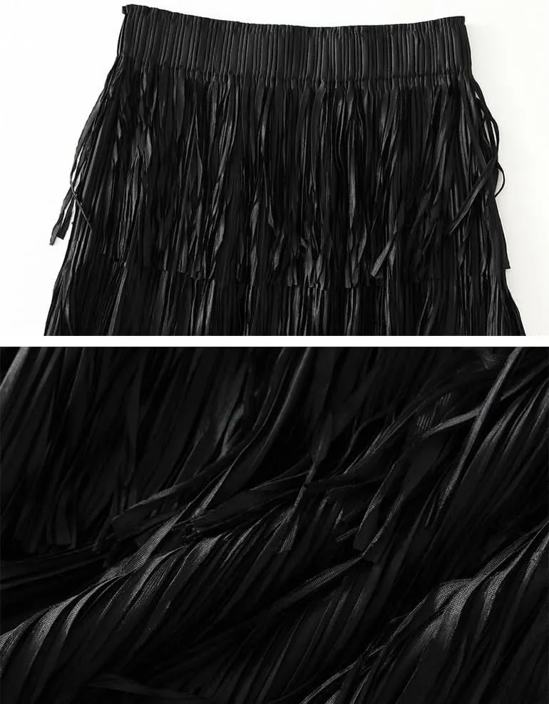 Fringe Skirts for Women Trendy High Waisted Pleated Layered Fairy Ruffle Midi Skirt