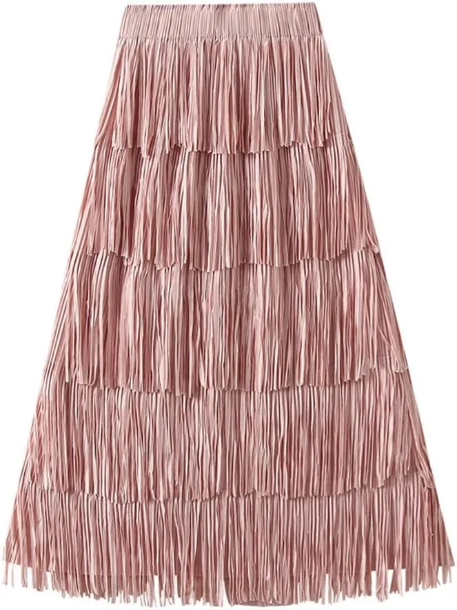 Fringe Skirts for Women Trendy High Waisted Pleated Layered Fairy Ruffle Midi Skirt