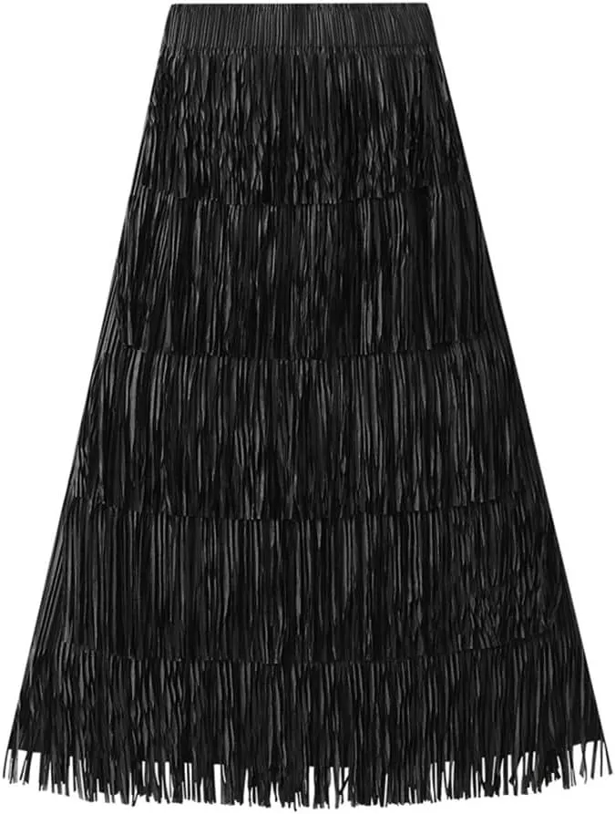 Fringe Skirts for Women Trendy High Waisted Pleated Layered Fairy Ruffle Midi Skirt