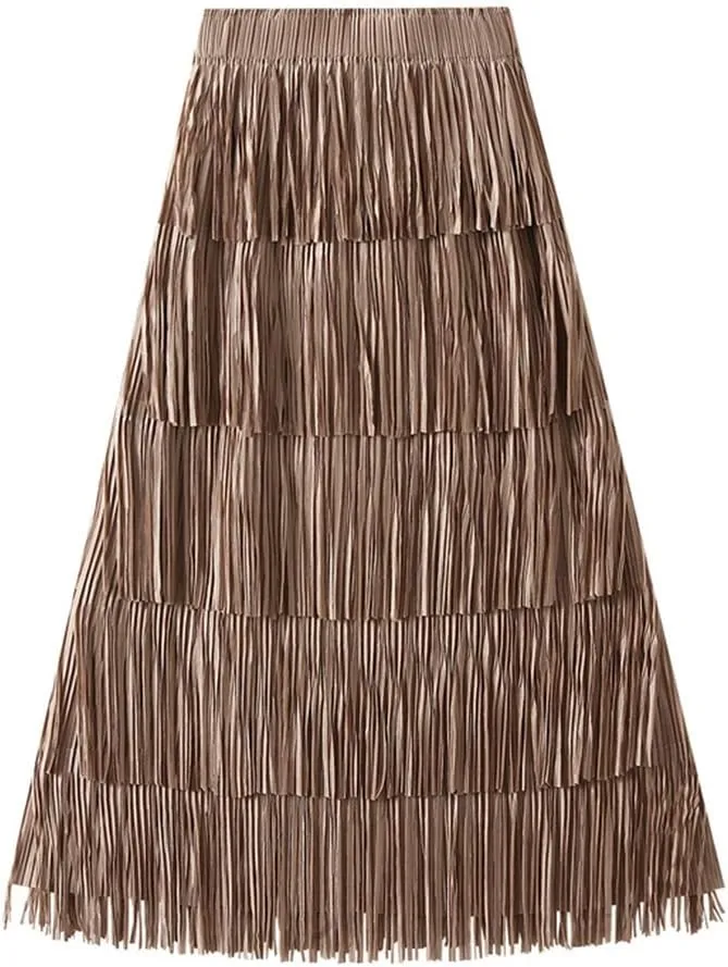 Fringe Skirts for Women Trendy High Waisted Pleated Layered Fairy Ruffle Midi Skirt