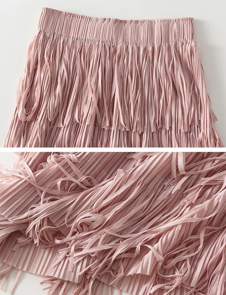 Fringe Skirts for Women Trendy High Waisted Pleated Layered Fairy Ruffle Midi Skirt