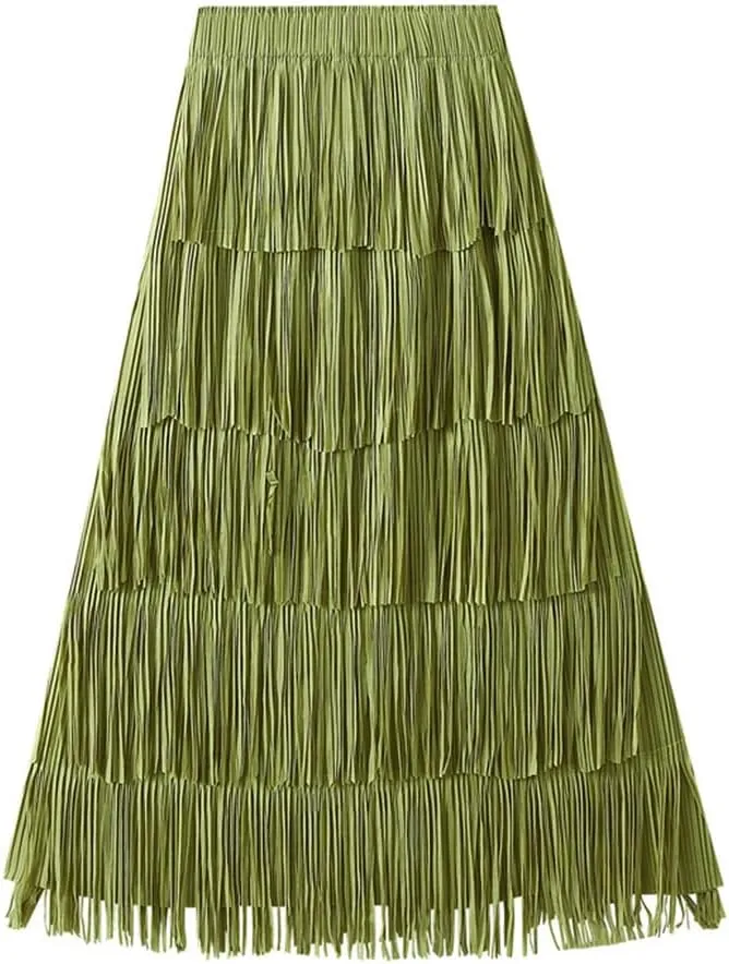 Fringe Skirts for Women Trendy High Waisted Pleated Layered Fairy Ruffle Midi Skirt