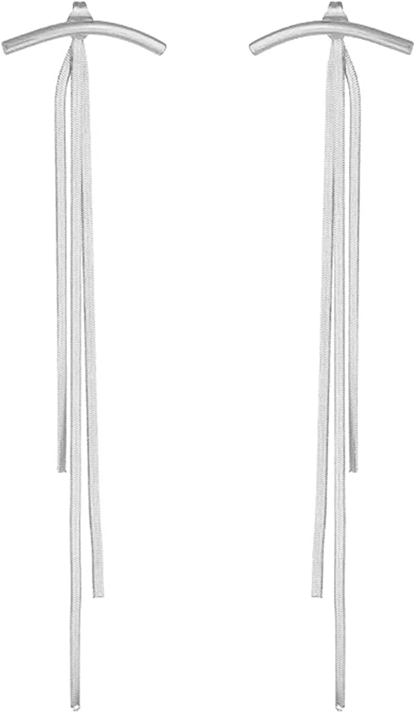 Frodete Silver Long Tassel Drop Earrings for Women Glossy Arc Bar Long Thread Geometric Metal Chain Dangle Earrings for Teen Girls