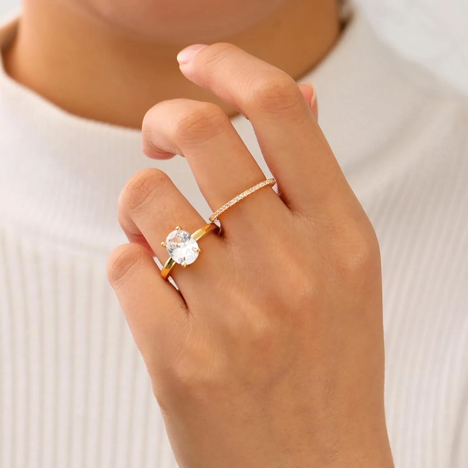 FUNEIA Cubic Zirconia Gold Rings for Women Non Tarnish Trendy Dainty 14K Gold Plated Stackable Princess Cut Fake Engagement Ring Set Diamond Wedding Promise Rings for Her Jewelry Size 6 7 8 9 10 11