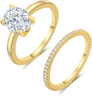 FUNEIA Cubic Zirconia Gold Rings for Women Non Tarnish Trendy Dainty 14K Gold Plated Stackable Princess Cut Fake Engagement Ring Set Diamond Wedding Promise Rings for Her Jewelry Size 6 7 8 9 10 11