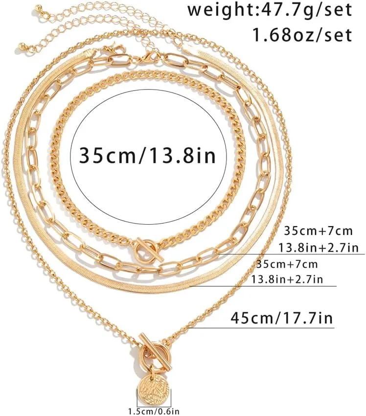 FUTIMELY 4Pcs Layered 14k Gold Necklace Set for Women Men Chunky Herringbone Paperclip Chain Necklace Retro Coin Pendant Necklace Jewelry Accessories