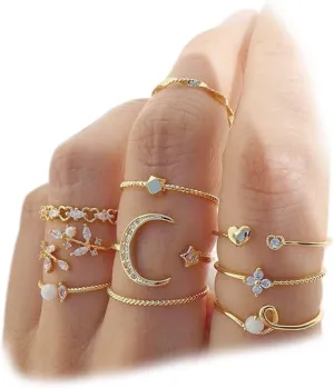 FUTIMELY Crystal Rhinestone Knuckle Stacking Rings for Women Knuckle Moon Star Leaf Heart Rings Adjustable Jewelry Gifts Midi Finger Rings Set