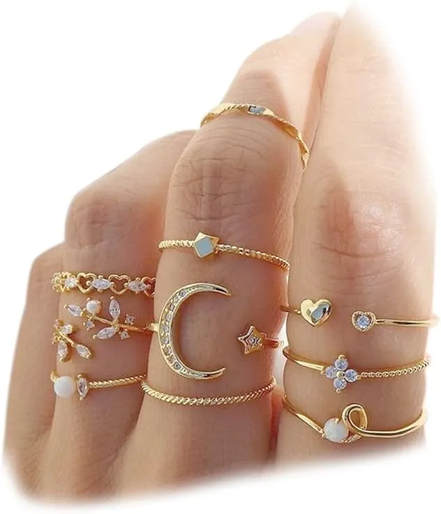 FUTIMELY Crystal Rhinestone Knuckle Stacking Rings for Women Knuckle Moon Star Leaf Heart Rings Adjustable Jewelry Gifts Midi Finger Rings Set
