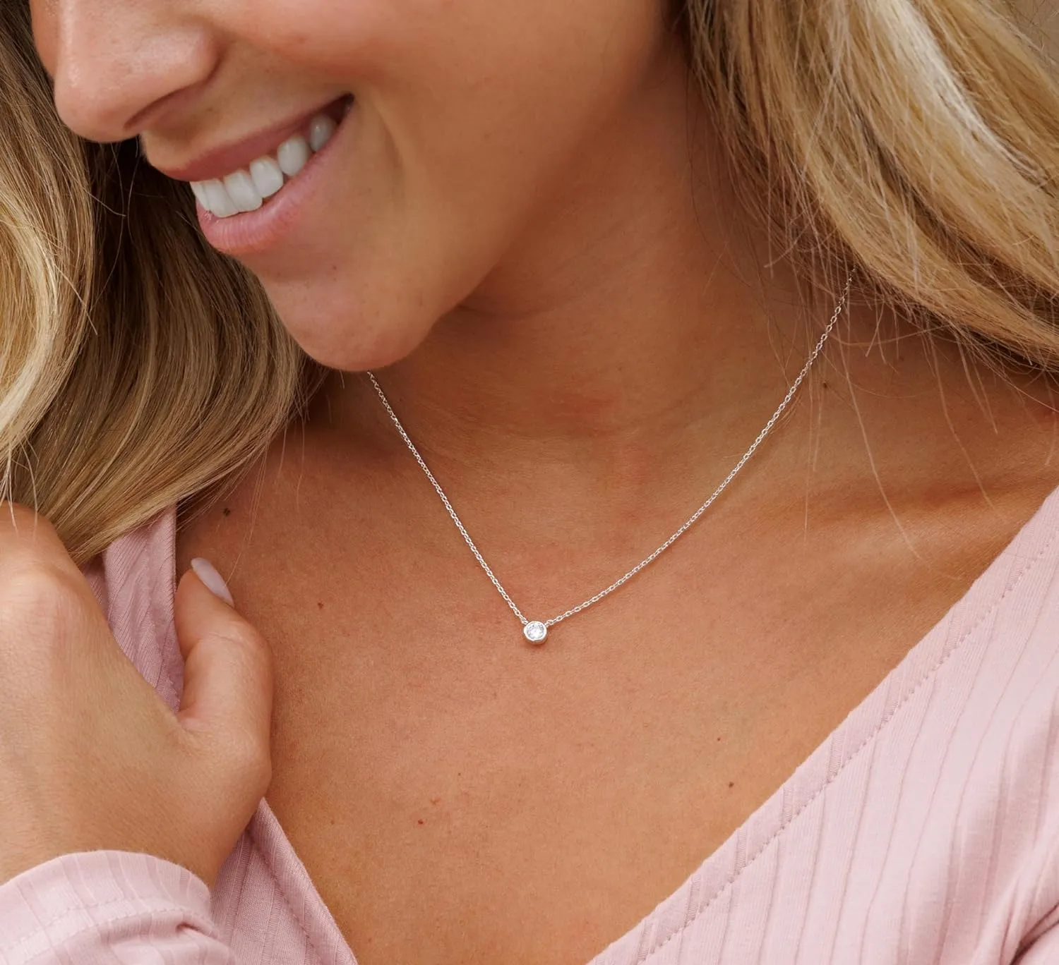 Galis Dainty Necklace - Cubic Zirconia for Women with Small Round Faux Diamond Pendant, Silver Plated Chain Necklaces, Womens Trendy Simple Jewelry, 18" CZ Solitaire Lobster Clasp
