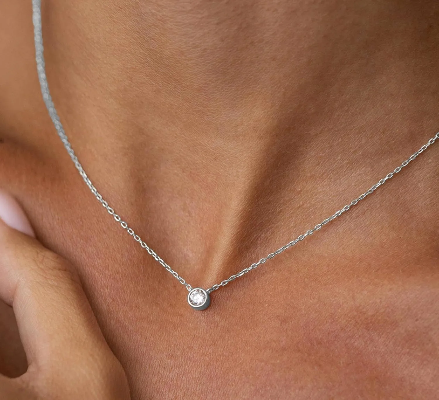 Galis Dainty Necklace - Cubic Zirconia for Women with Small Round Faux Diamond Pendant, Silver Plated Chain Necklaces, Womens Trendy Simple Jewelry, 18" CZ Solitaire Lobster Clasp