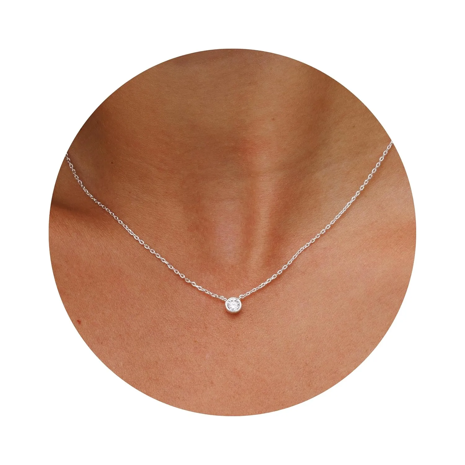 Galis Dainty Necklace - Cubic Zirconia for Women with Small Round Faux Diamond Pendant, Silver Plated Chain Necklaces, Womens Trendy Simple Jewelry, 18" CZ Solitaire Lobster Clasp