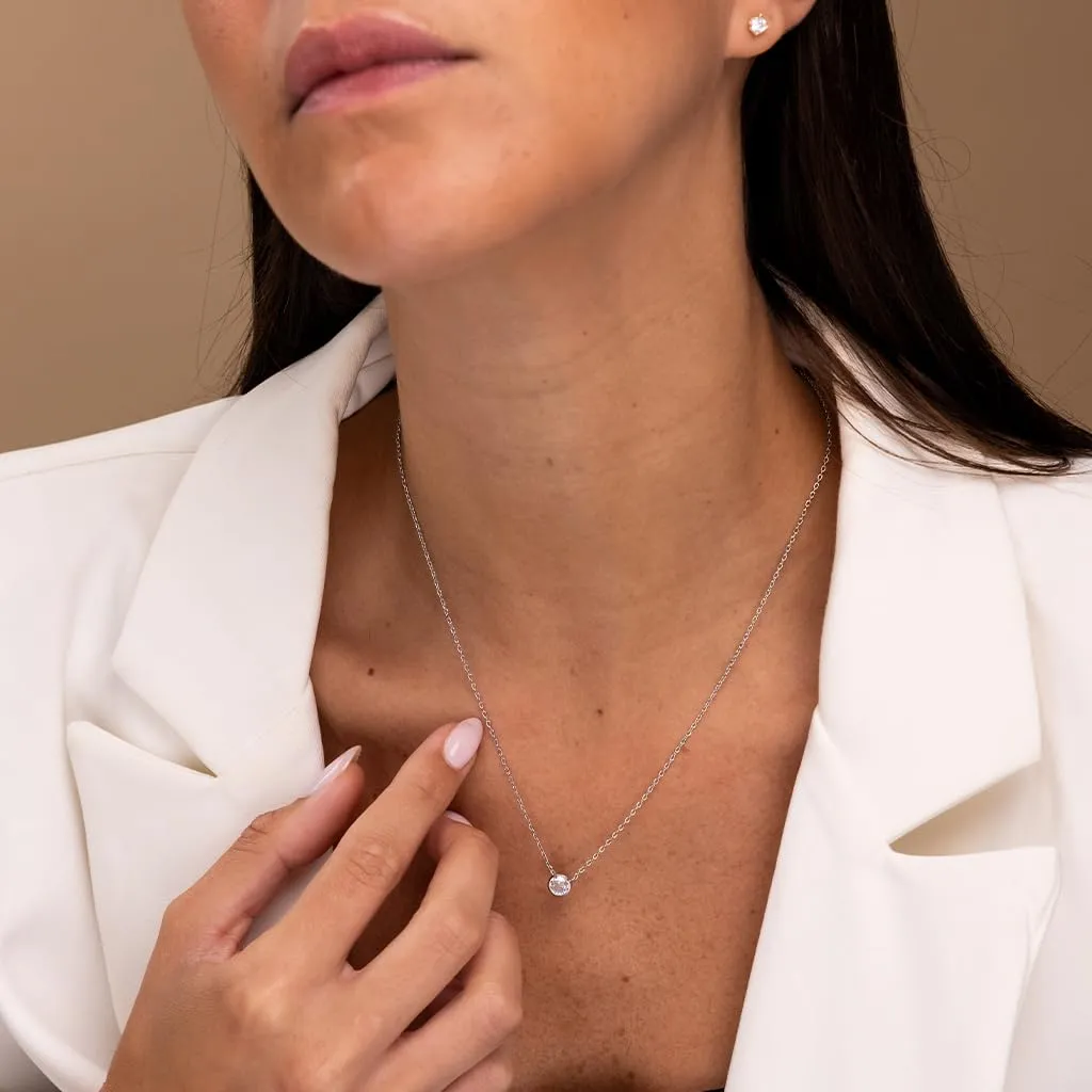 Galis Dainty Necklace - Cubic Zirconia for Women with Small Round Faux Diamond Pendant, Silver Plated Chain Necklaces, Womens Trendy Simple Jewelry, 18" CZ Solitaire Lobster Clasp