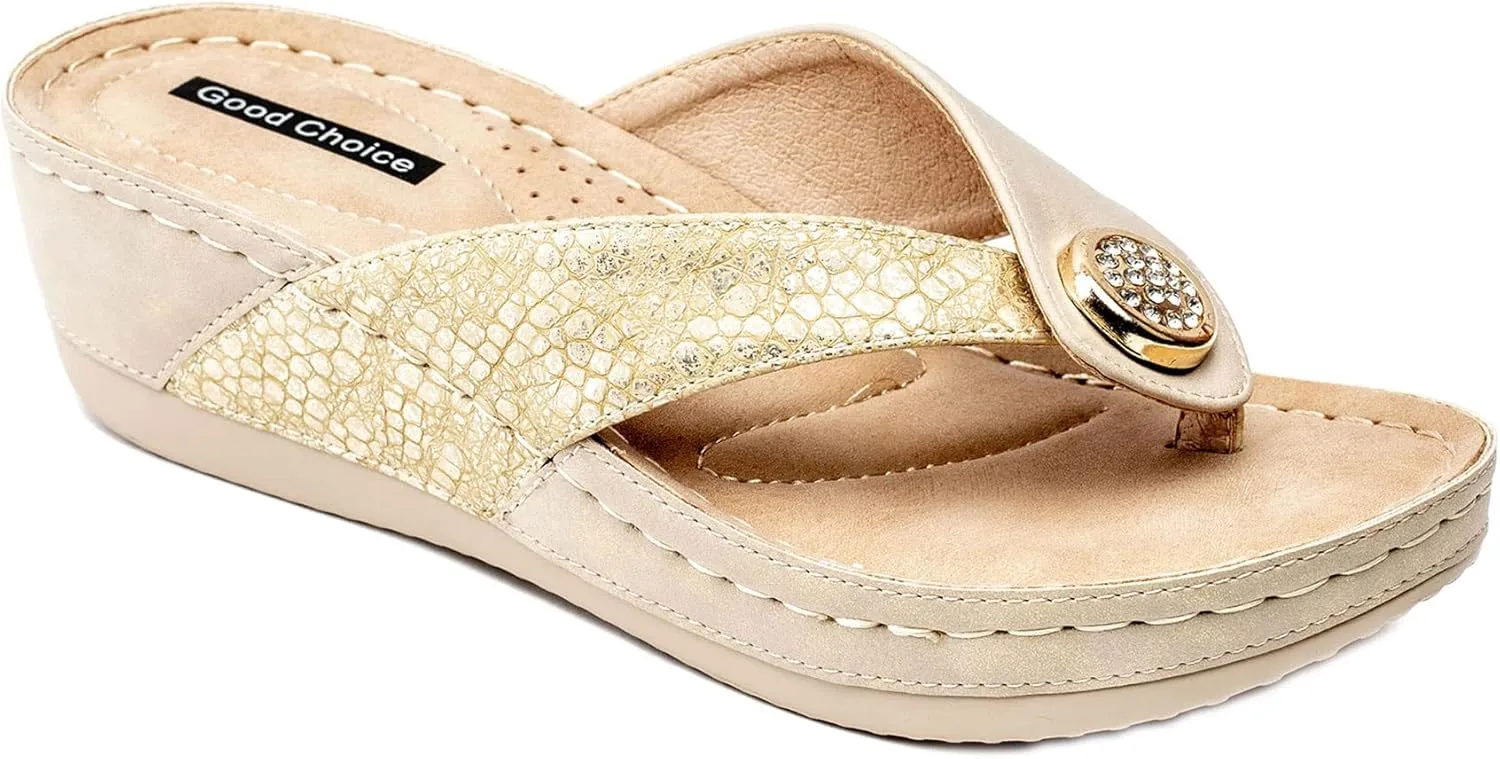 G.C. Shoes Dafni Wedge Sandals - Cushioned Footbed Rhinestone Detailing in Faux Leather with Rubber Sole