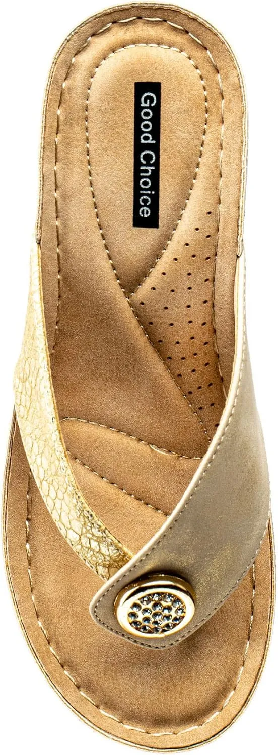 G.C. Shoes Dafni Wedge Sandals - Cushioned Footbed Rhinestone Detailing in Faux Leather with Rubber Sole