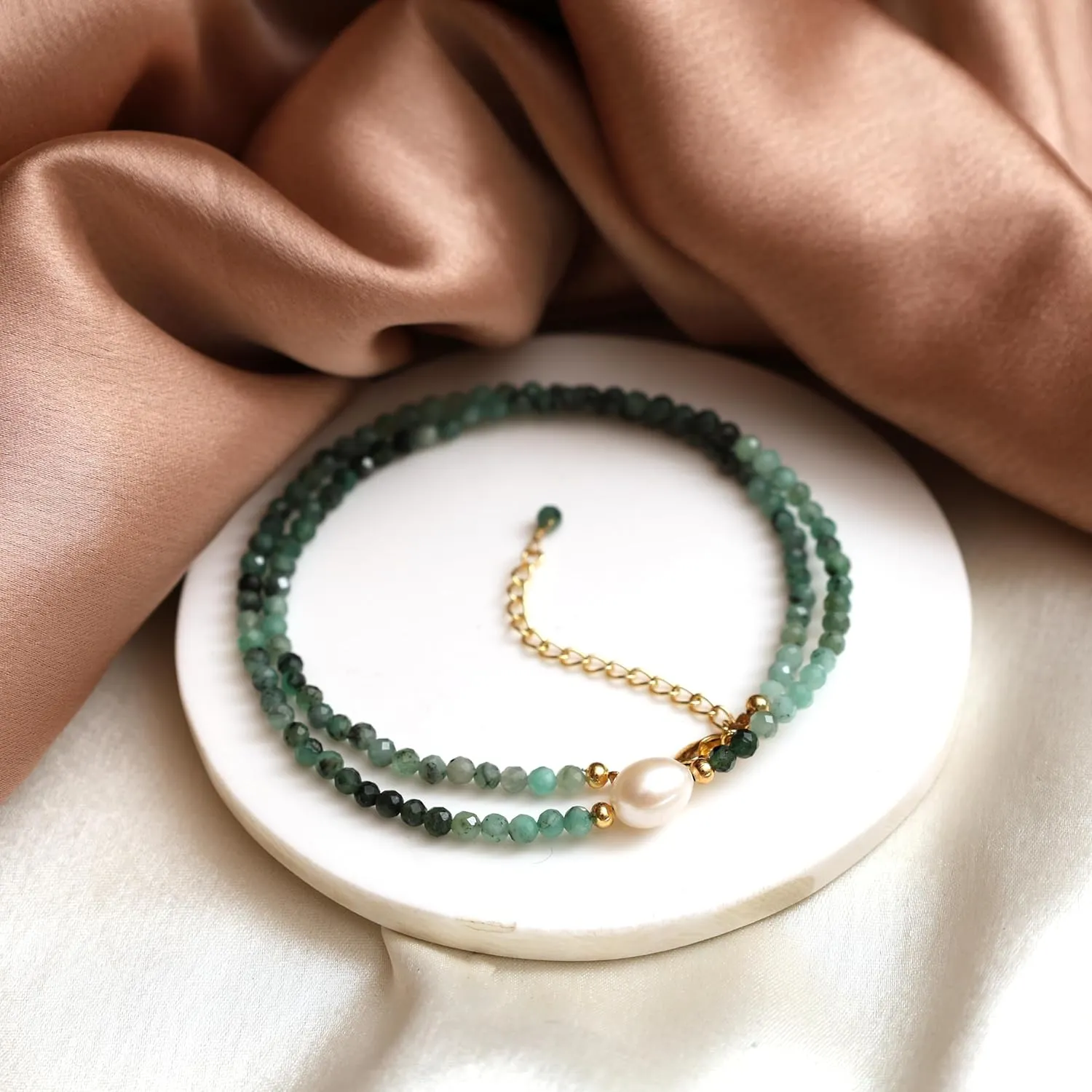 Gempires Emerald Beaded Necklace with Freshwater Pearl Handmade Jewelry May Birthstone Gemstone Gifts Hypoallergenic 18 Inch Gold Plated Statement Crystal Choker Necklaces