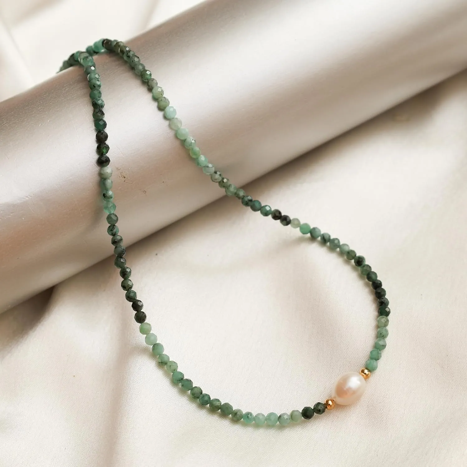 Gempires Emerald Beaded Necklace with Freshwater Pearl Handmade Jewelry May Birthstone Gemstone Gifts Hypoallergenic 18 Inch Gold Plated Statement Crystal Choker Necklaces