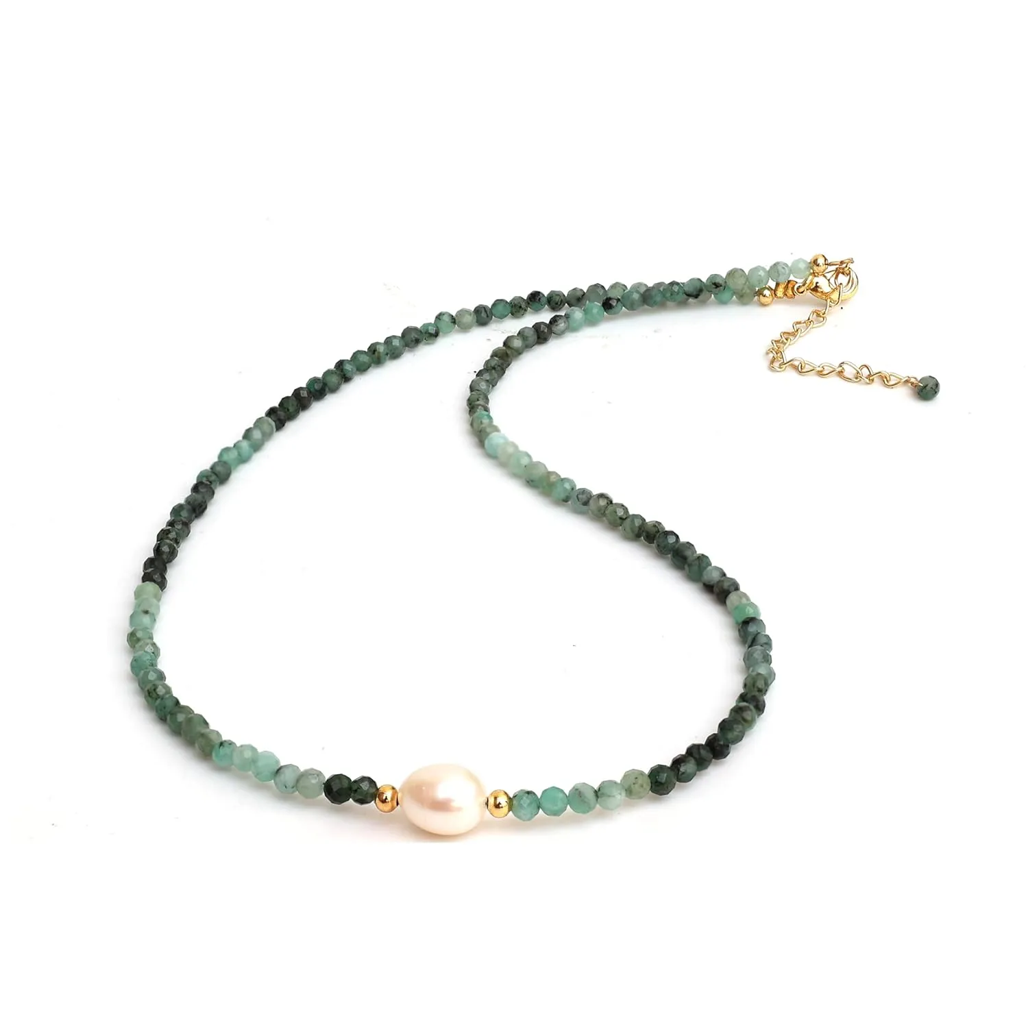 Gempires Emerald Beaded Necklace with Freshwater Pearl Handmade Jewelry May Birthstone Gemstone Gifts Hypoallergenic 18 Inch Gold Plated Statement Crystal Choker Necklaces