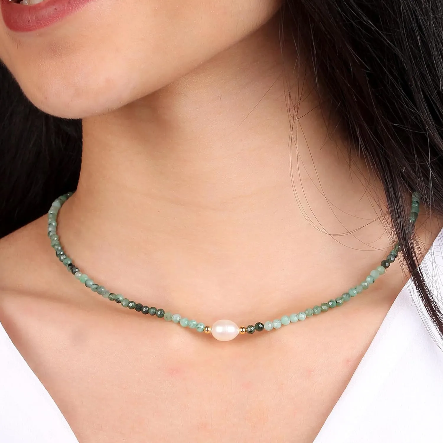 Gempires Emerald Beaded Necklace with Freshwater Pearl Handmade Jewelry May Birthstone Gemstone Gifts Hypoallergenic 18 Inch Gold Plated Statement Crystal Choker Necklaces
